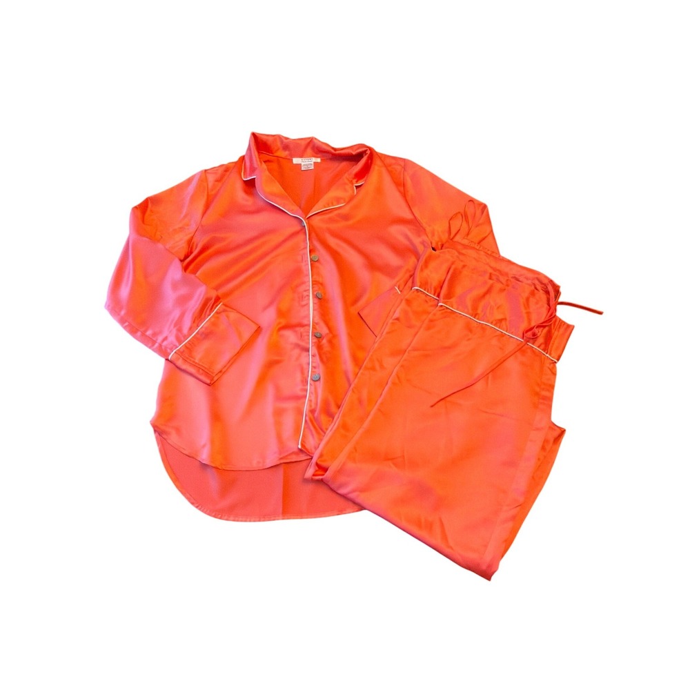 Natori Pajama Set Coral Satin Private Luxuries Button Up Long Sleeve Small